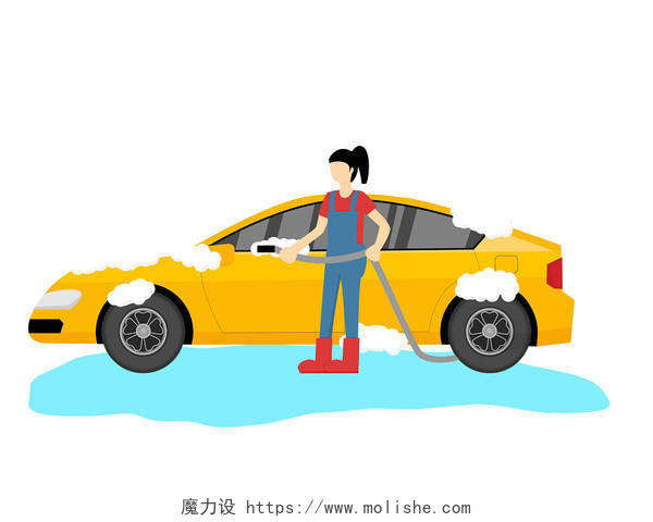 正在洗车行洗车的年轻女员工扁平素材元素洗车元素